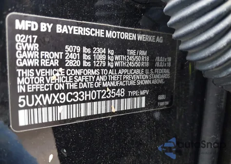 2017 BMW X3 xDrive28I z USA, uszkodzony, nr VIN 5UXWX9C33H0T23548